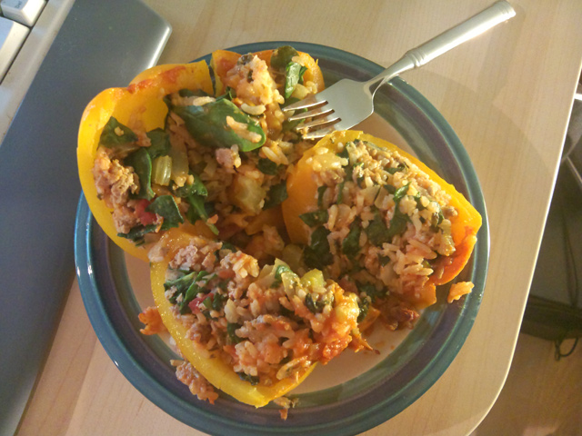 Tonight’s dinner. Stuffed peppers are so happy. 🙂 Tonight’s dinner. Stuffed peppers are so happy. 🙂