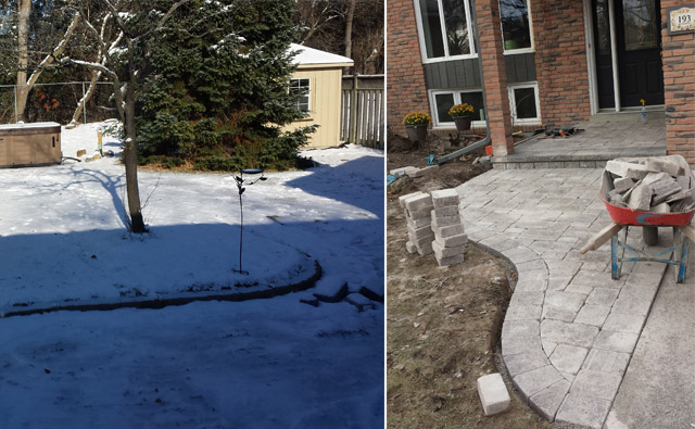 On the (left) snow has arrived. On the (right) the new front walkway! On the (left) snow has arrived. On the (right) the new front walkway!
