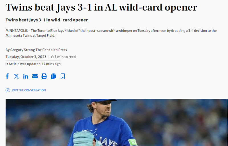 Jays lose opener of 3 game series Jays lose opener of 3 game series