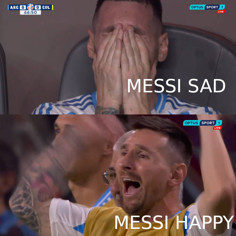Sad after subbing due to injury. Happy winning. Sad after subbing due to injury. Happy winning.
